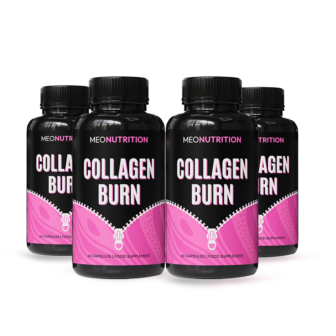 Four bottles of MEONUTRITION Collagen Burn supplement with a pink label on a white background.