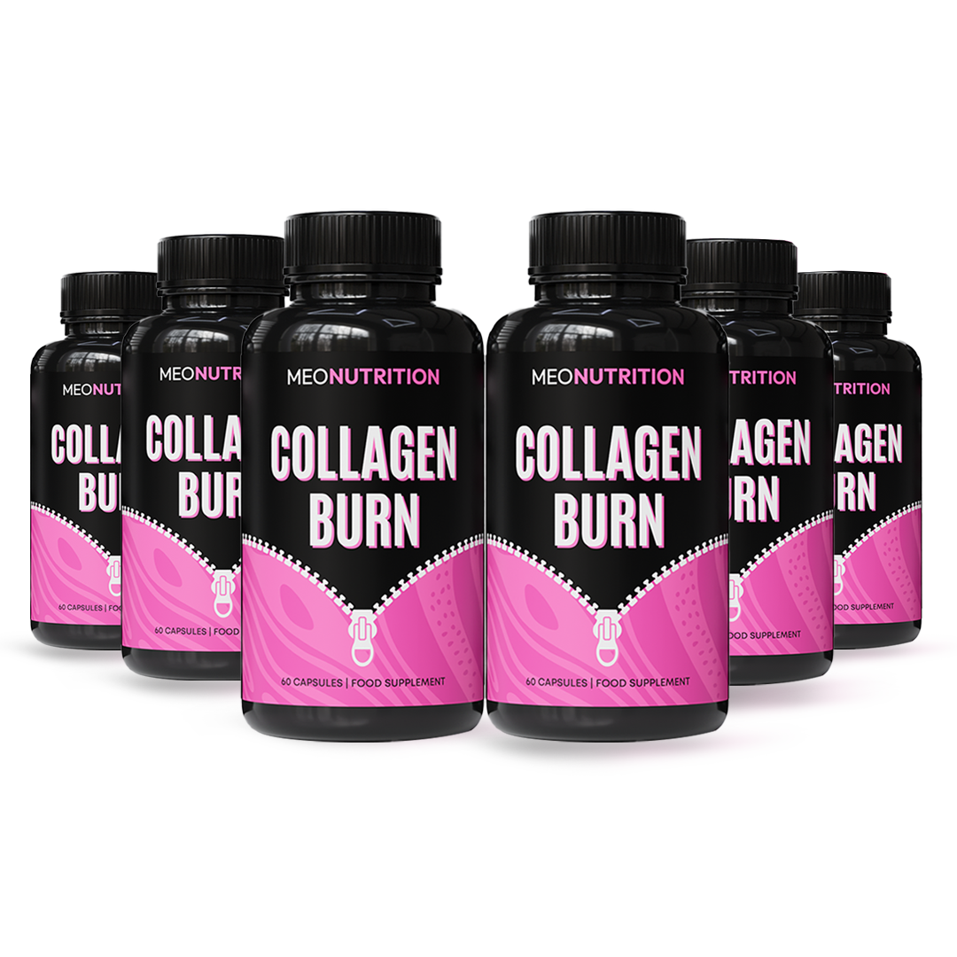 Multiple bottles of MEONUTRITION Collagen Burn supplement on a white background with a '21-Day Challenge' label.